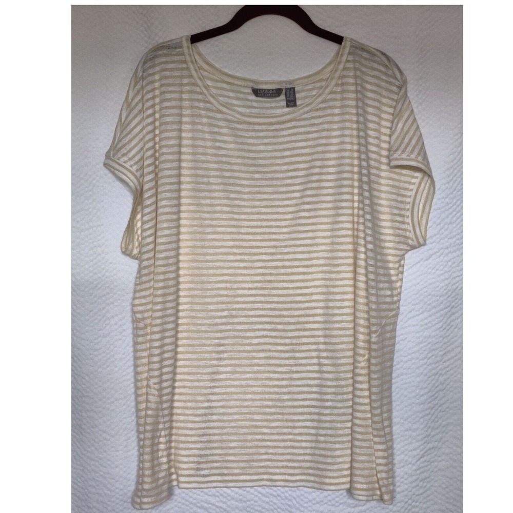 Lisa Rinna Collection Women's Plus 1X White Gold Stripe Short Sleeve Top